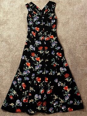 Vintage Scarlett button front Black Maxi Dress with Red & Blue Floral Print
